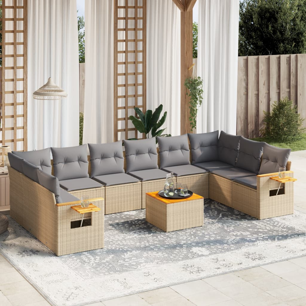 vidaXL 11-tlg. Garten-Sofagarnitur mit Kissen Beige Poly Rattan