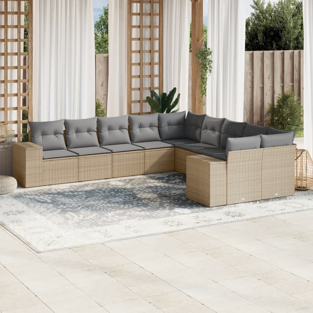 vidaXL 10-tlg. Garten-Sofagarnitur mit Kissen Beige Poly Rattan