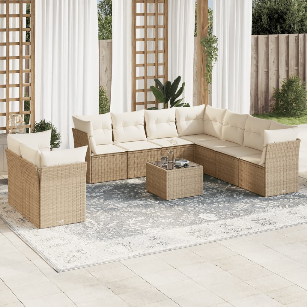 vidaXL 10-tlg. Garten-Sofagarnitur mit Kissen Beige Poly Rattan