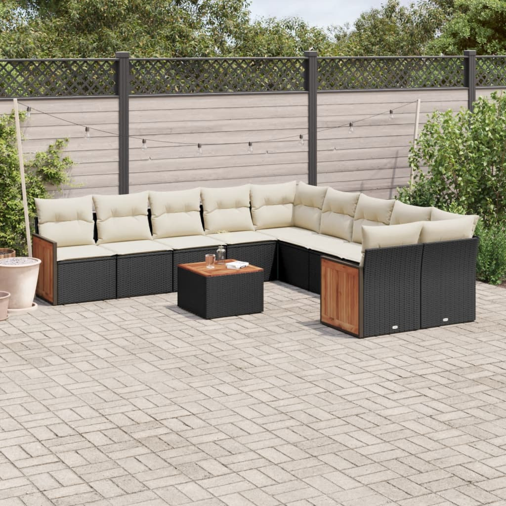 vidaXL 11-tlg. Garten-Sofagarnitur mit Kissen Schwarz Poly Rattan