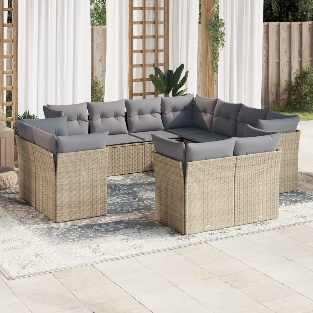 vidaXL 11-tlg. Garten-Sofagarnitur mit Kissen Beige Poly Rattan