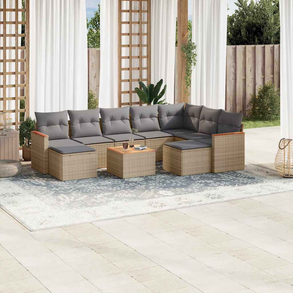 vidaXL 10-tlg. Garten-Sofagarnitur mit Kissen Beige Poly Rattan