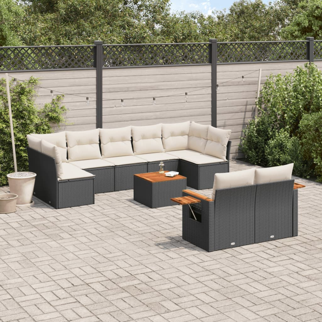 vidaXL 10-tlg. Garten-Sofagarnitur mit Kissen Schwarz Poly Rattan