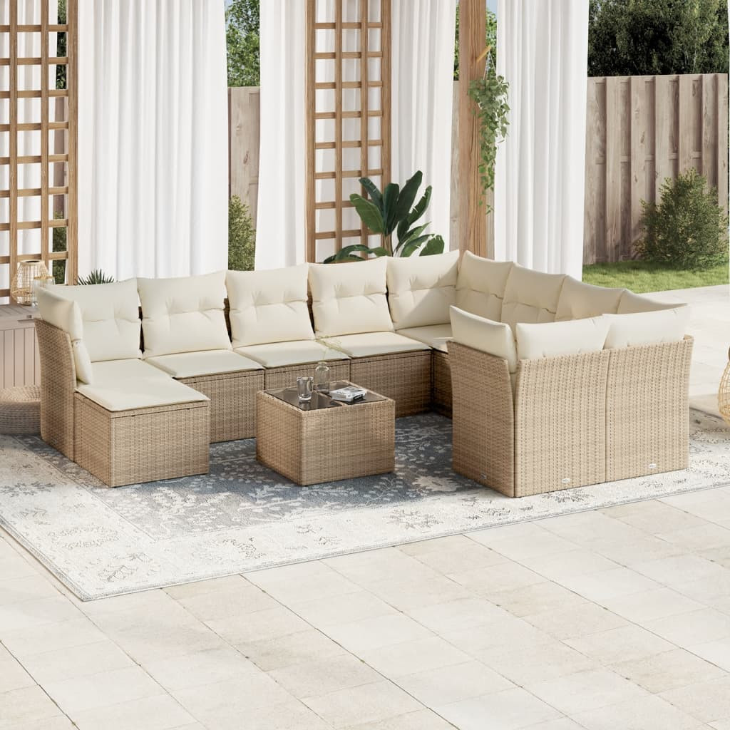 vidaXL 11-tlg. Garten-Sofagarnitur mit Kissen Beige Poly Rattan
