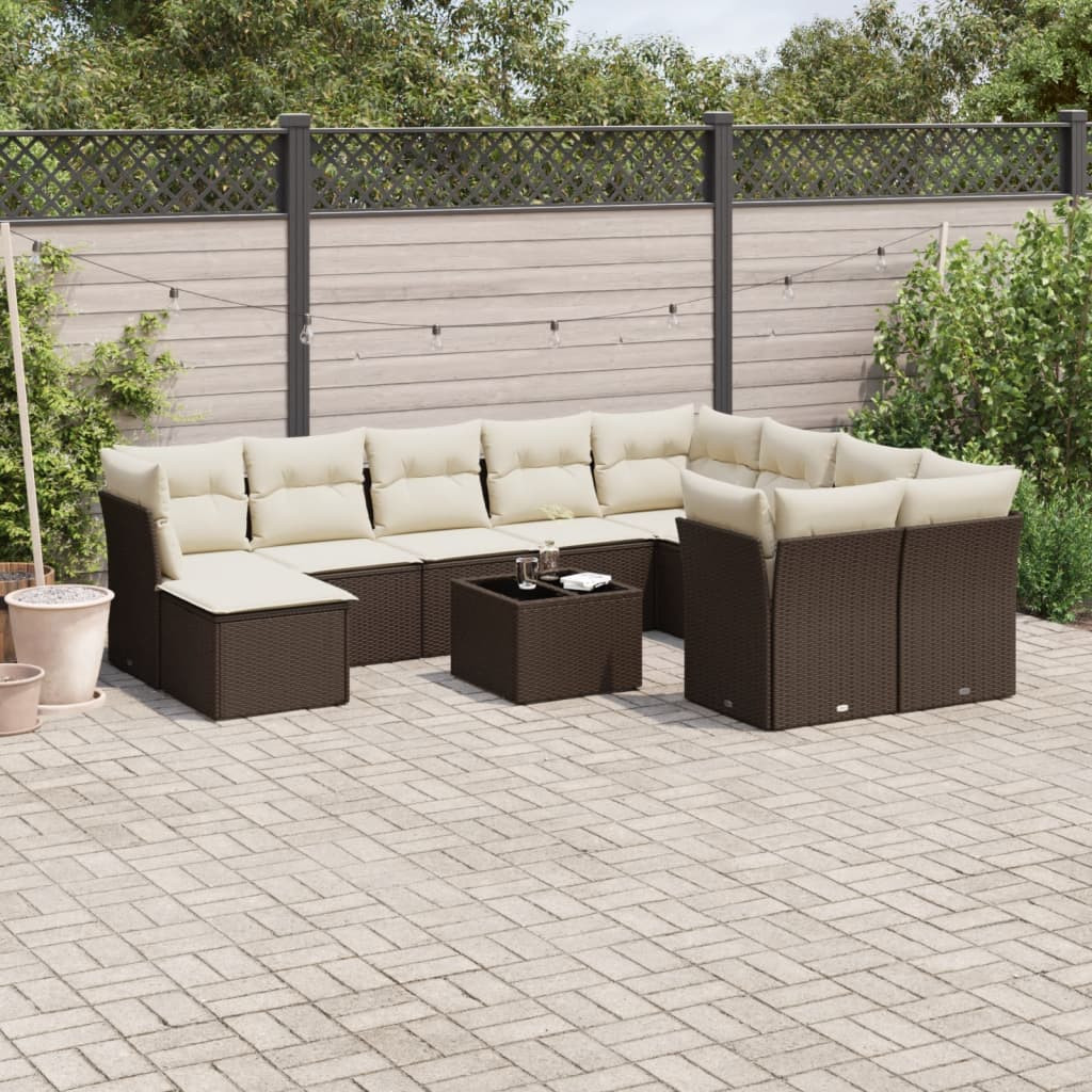 vidaXL 11-tlg. Garten-Sofagarnitur mit Kissen Braun Poly Rattan