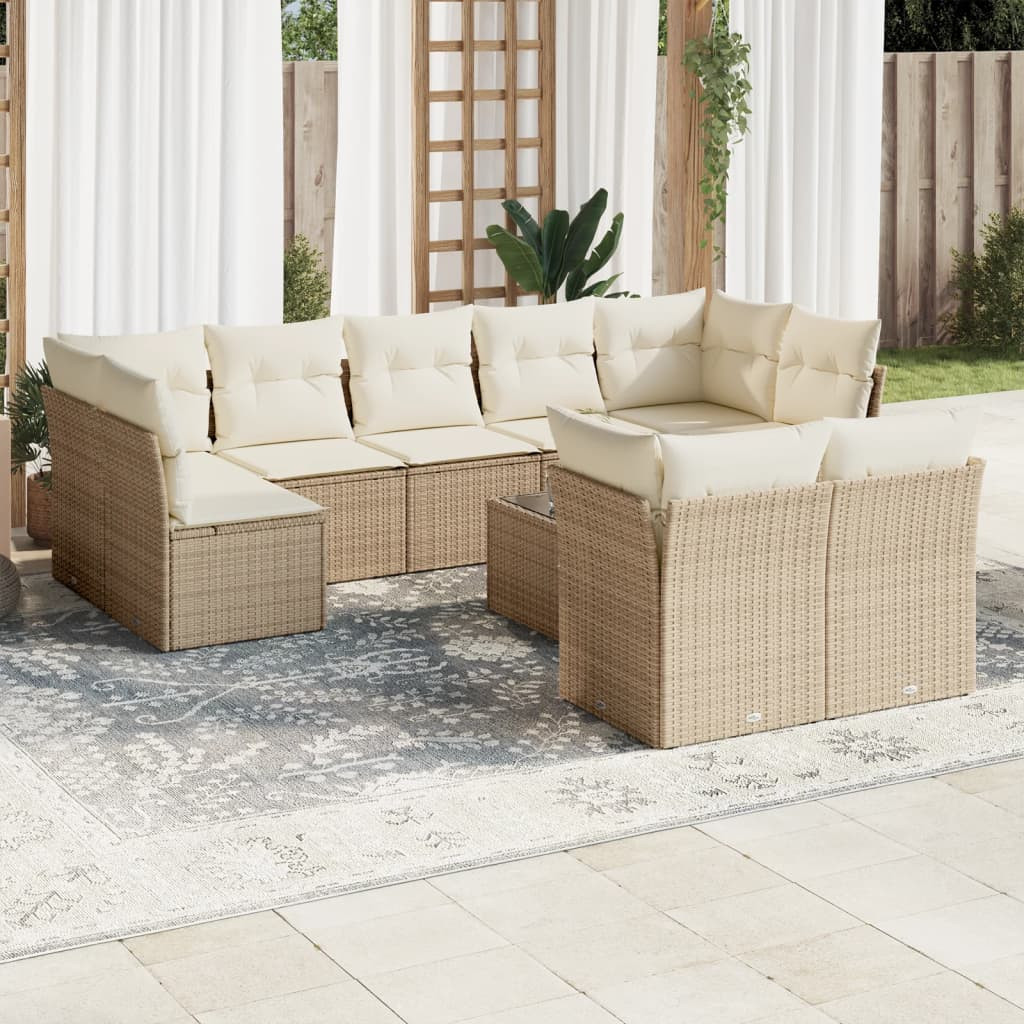 vidaXL 10-tlg. Garten-Sofagarnitur mit Kissen Beige Poly Rattan