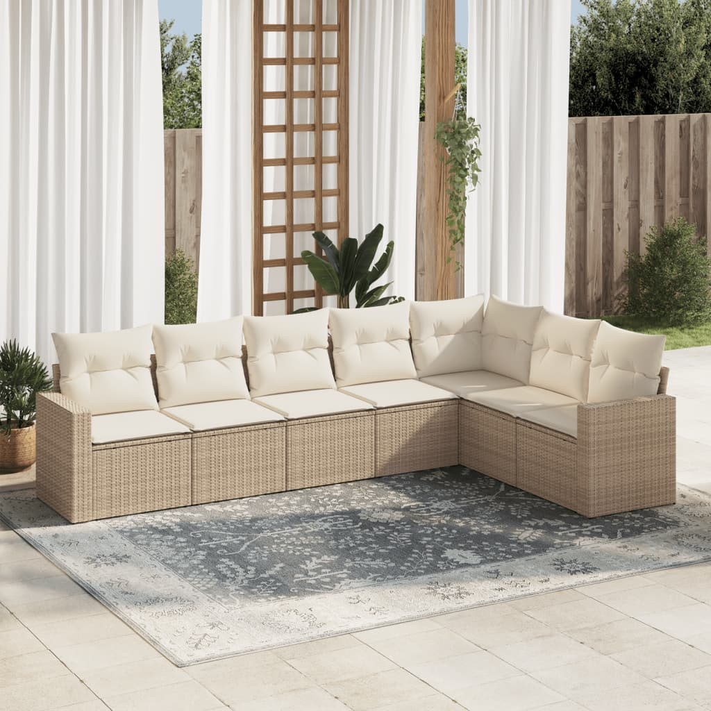 vidaXL 7-tlg. Garten-Sofagarnitur mit Kissen Beige Poly Rattan
