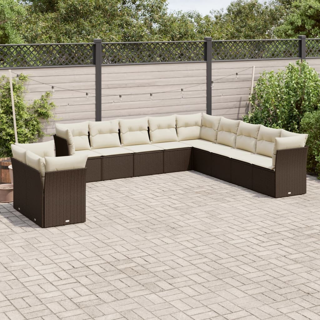 vidaXL 11-tlg. Garten-Sofagarnitur mit Kissen Braun Poly Rattan