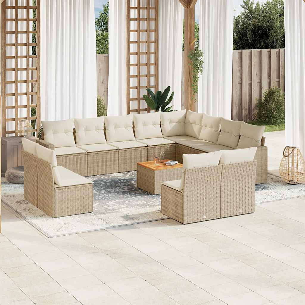 vidaXL 13-tlg. Garten-Sofagarnitur mit Kissen Beige Poly Rattan