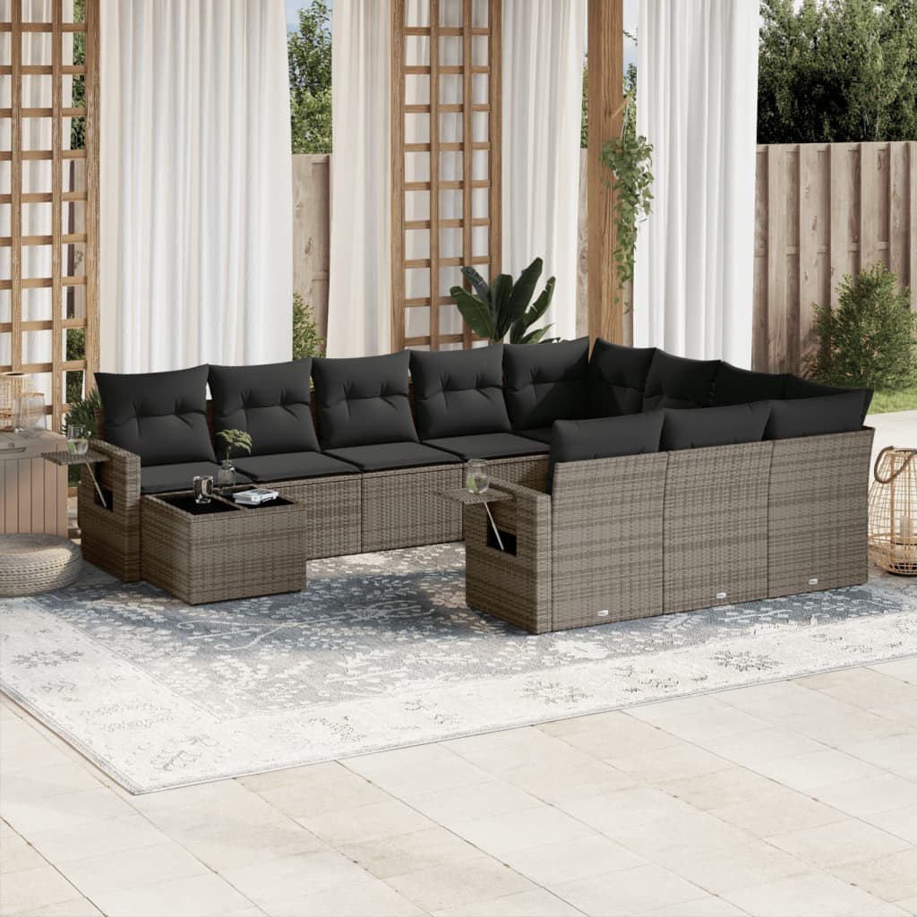 vidaXL 11-tlg. Garten-Sofagarnitur mit Kissen Grau Poly Rattan