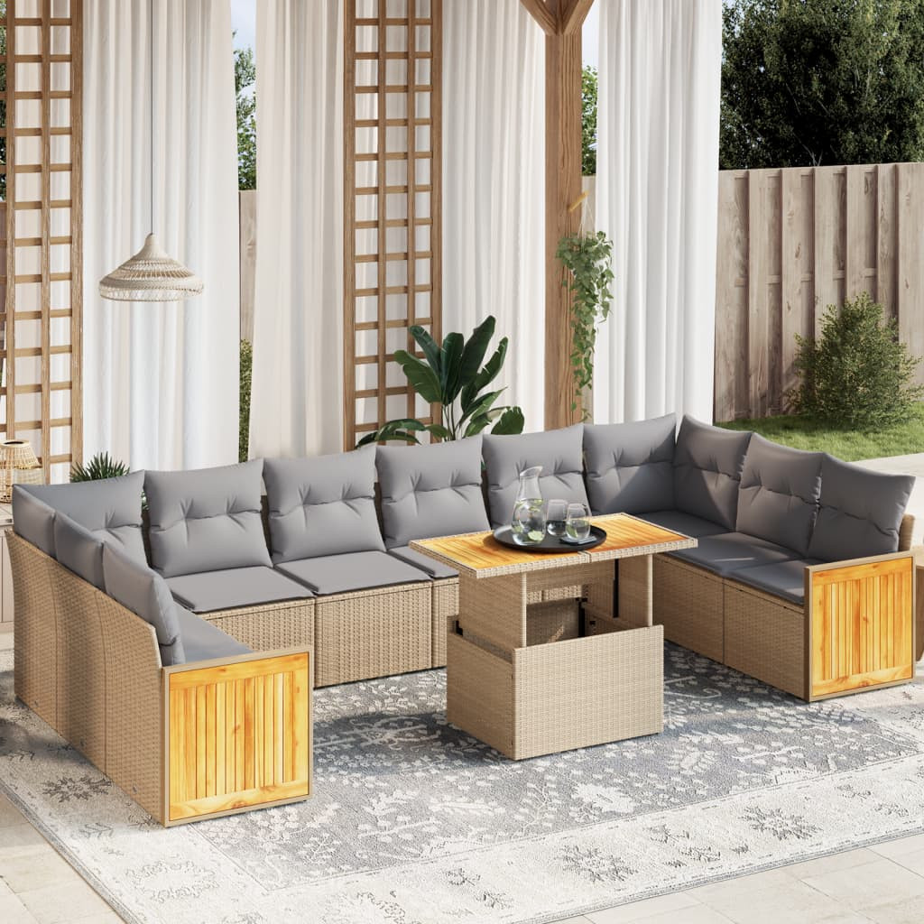 vidaXL 11-tlg. Garten-Sofagarnitur mit Kissen Beige Poly Rattan