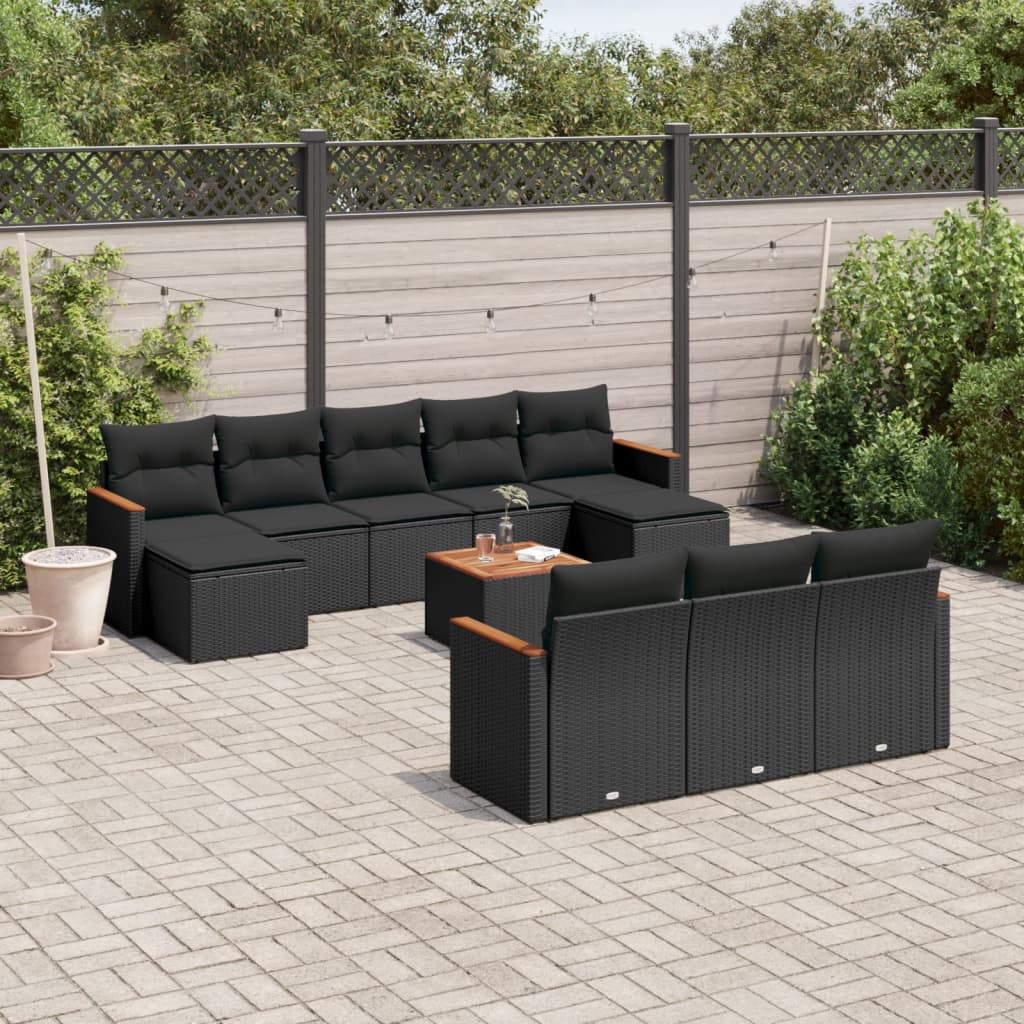 vidaXL 11-tlg. Garten-Sofagarnitur mit Kissen Schwarz Poly Rattan