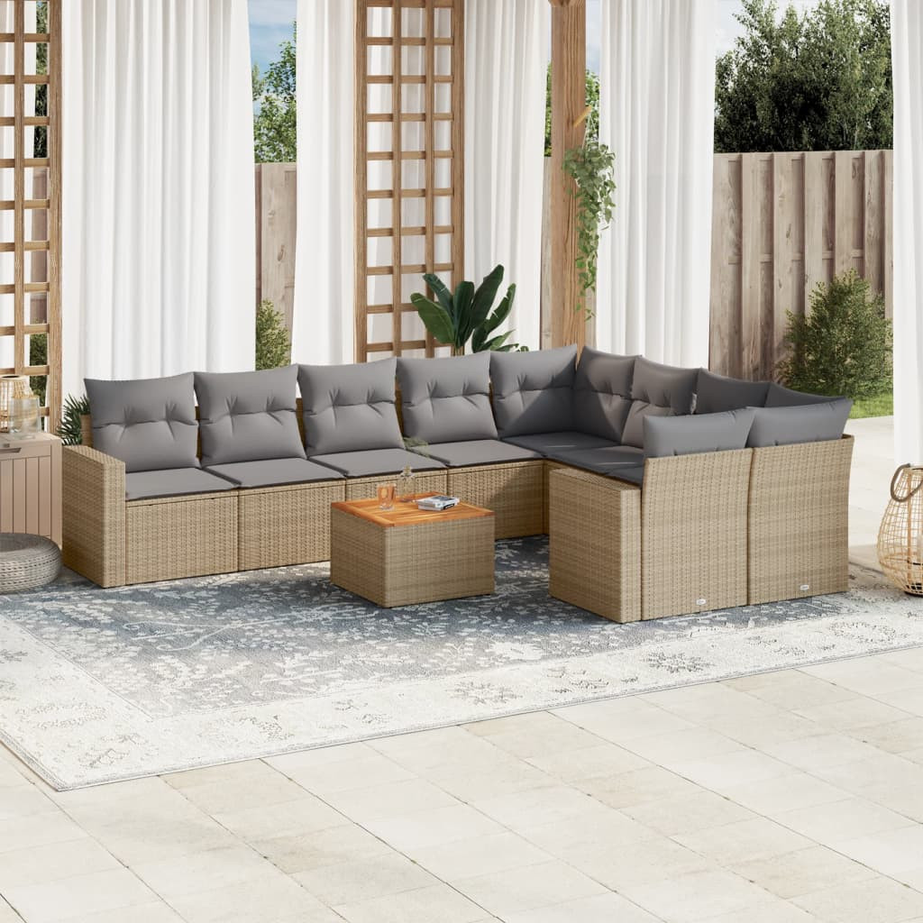 vidaXL 10-tlg. Garten-Sofagarnitur mit Kissen Beige Poly Rattan