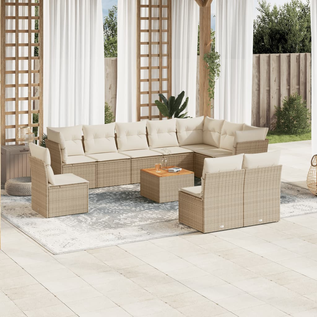 vidaXL 11-tlg. Garten-Sofagarnitur mit Kissen Beige Poly Rattan