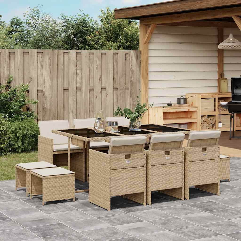 vidaXL 11-tlg. Garten-Essgruppe mit Kissen Beige Poly Rattan