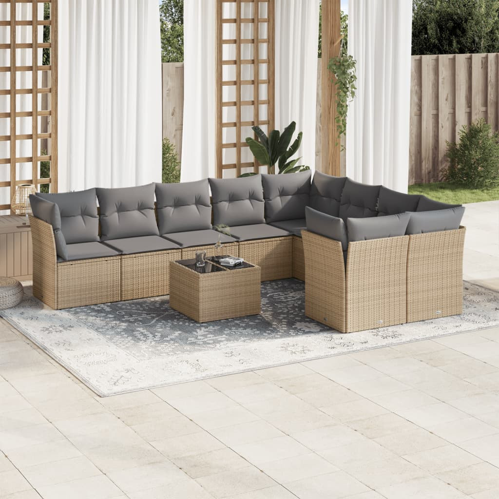 vidaXL 10-tlg. Garten-Sofagarnitur mit Kissen Beige Poly Rattan