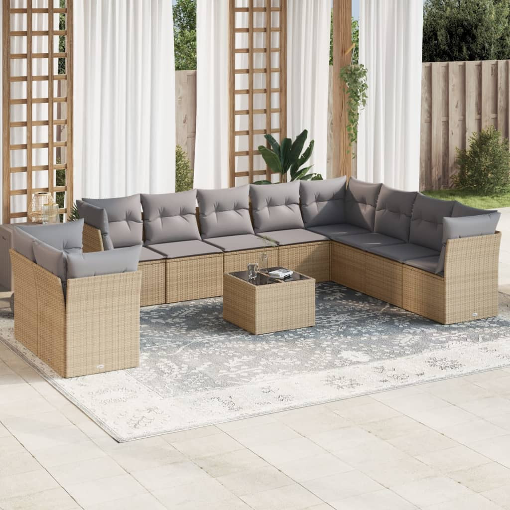 vidaXL 11-tlg. Garten-Sofagarnitur mit Kissen Beige Poly Rattan