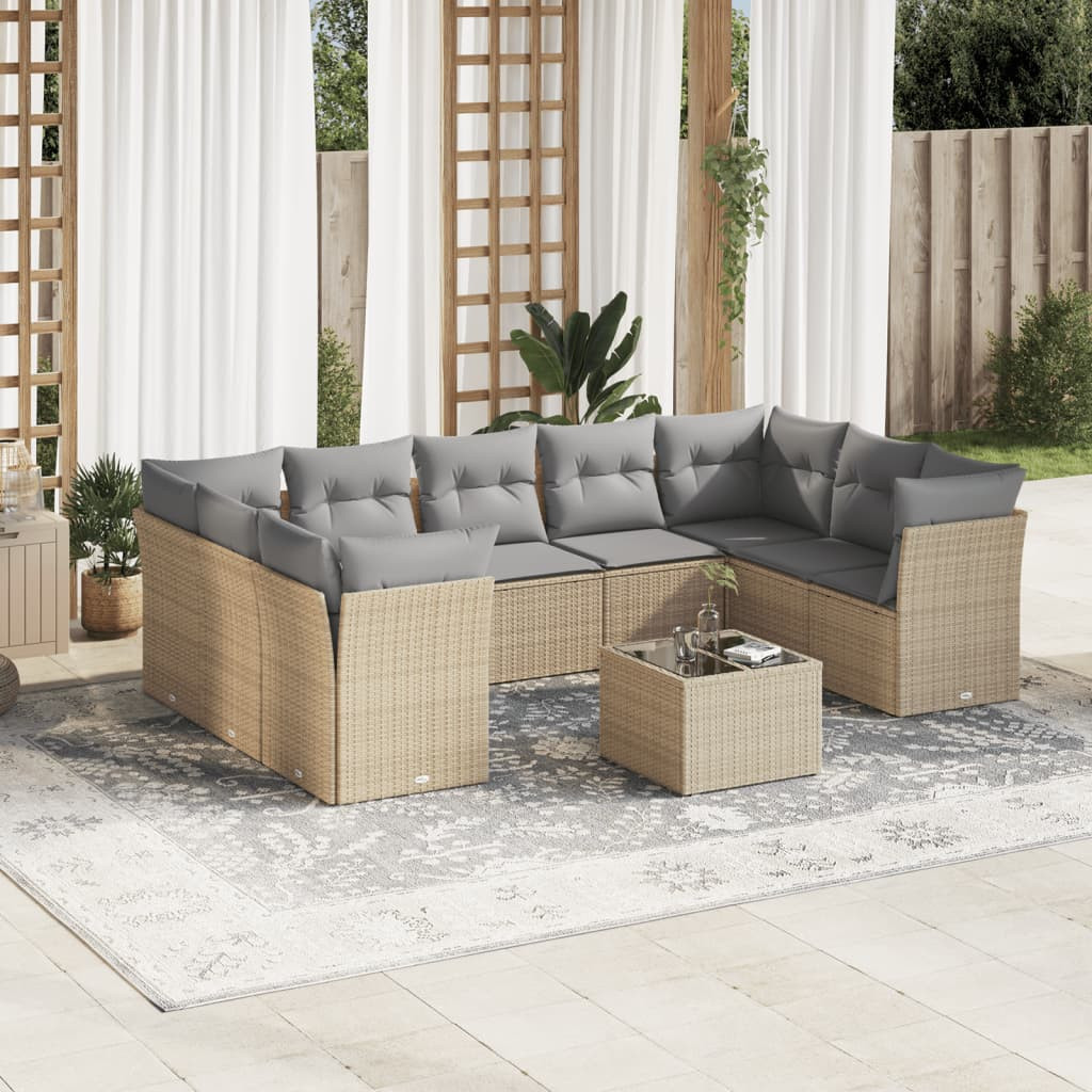 vidaXL 10-tlg. Garten-Sofagarnitur mit Kissen Beige Poly Rattan