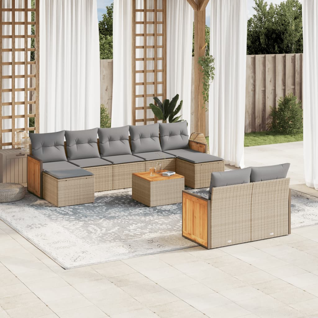 vidaXL 10-tlg. Garten-Sofagarnitur mit Kissen Beige Poly Rattan