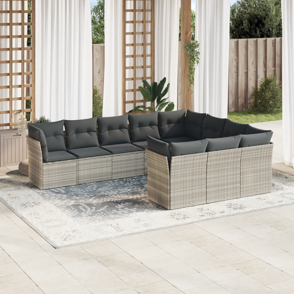 vidaXL 10-tlg. Garten-Sofagarnitur mit Kissen Hellgrau Poly Rattan
