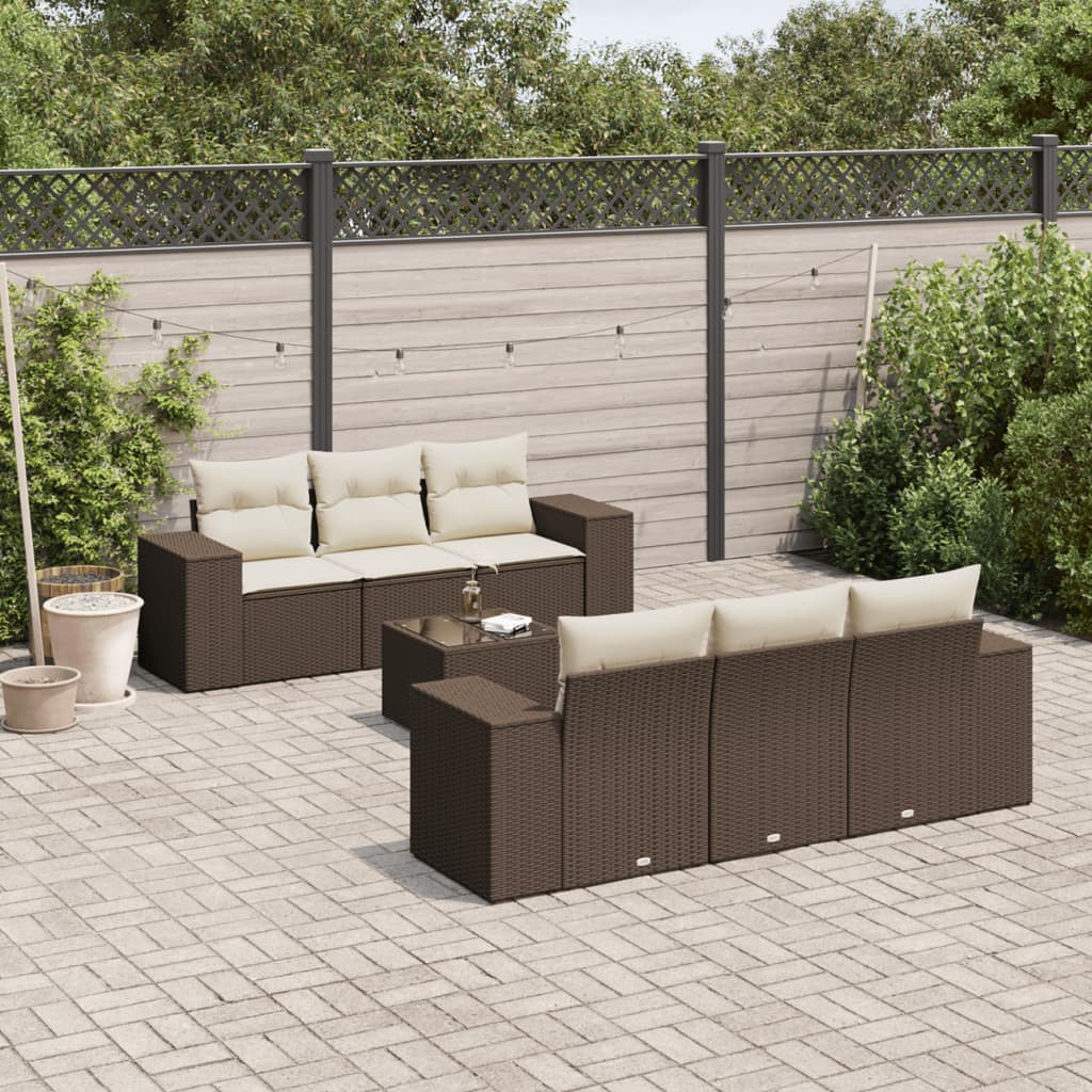 vidaXL 7-tlg. Garten-Sofagarnitur mit Kissen Braun Poly Rattan