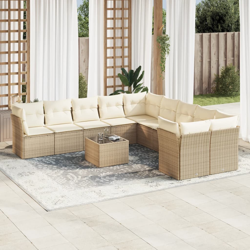 vidaXL 11-tlg. Garten-Sofagarnitur mit Kissen Beige Poly Rattan