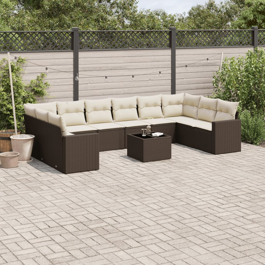 vidaXL 11-tlg. Garten-Sofagarnitur mit Kissen Braun Poly Rattan