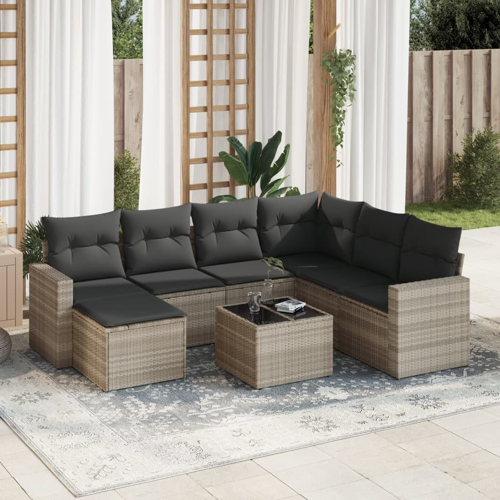 vidaXL 8-tlg. Garten-Sofagarnitur mit Kissen Hellgrau Poly Rattan