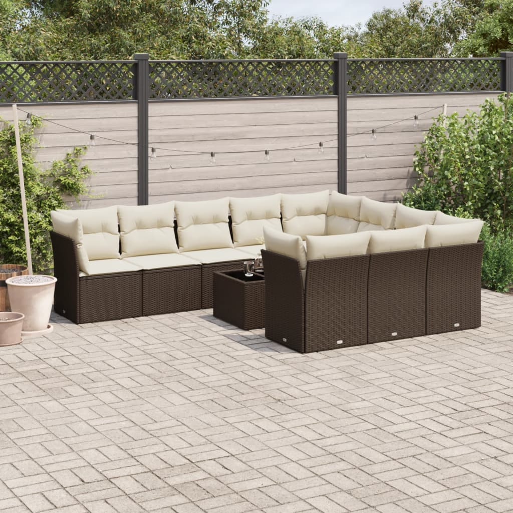 vidaXL 11-tlg. Garten-Sofagarnitur mit Kissen Braun Poly Rattan
