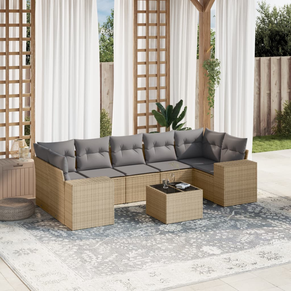 vidaXL 8-tlg. Garten-Sofagarnitur mit Kissen Beige Poly Rattan