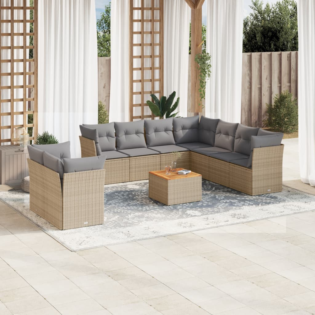 vidaXL 11-tlg. Garten-Sofagarnitur mit Kissen Beige Poly Rattan