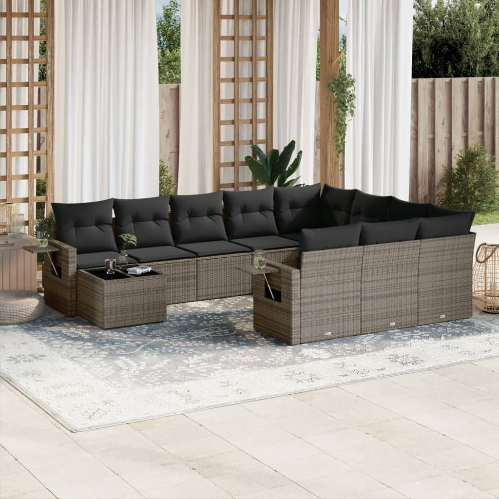 vidaXL 11-tlg. Garten-Sofagarnitur mit Kissen Grau Poly Rattan