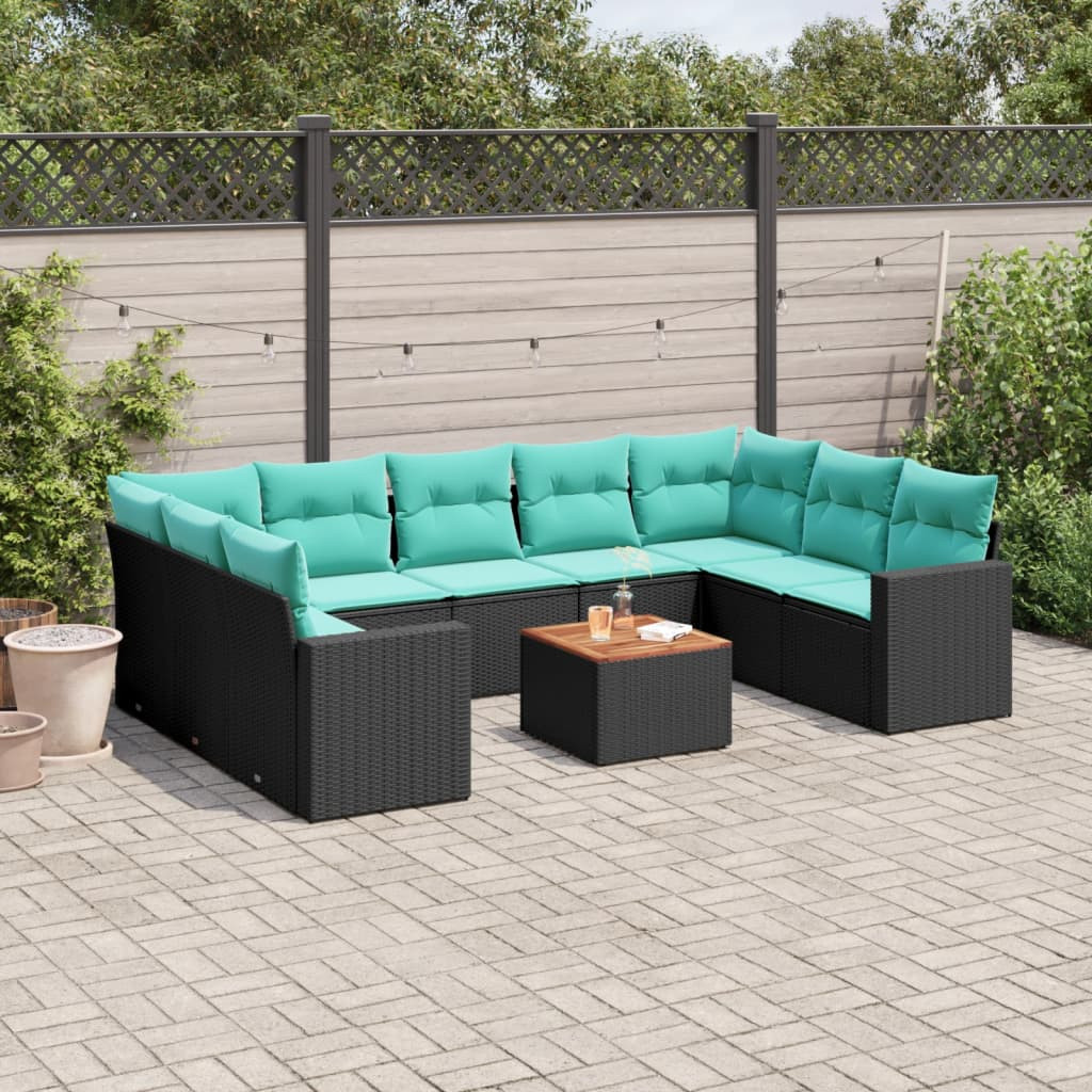 vidaXL 10-tlg. Garten-Sofagarnitur mit Kissen Schwarz Poly Rattan