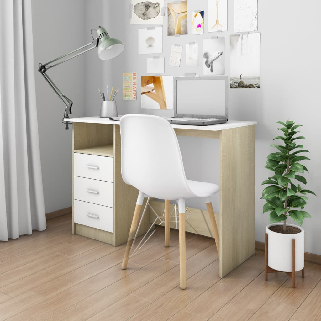 vidaXL Schreibtisch mit Schubladen Weiß Sonoma-Eiche 110x50x76 cm