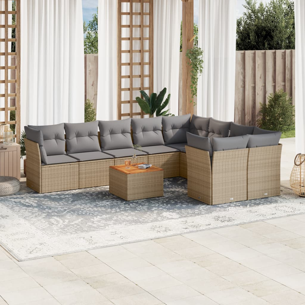 vidaXL 10-tlg. Garten-Sofagarnitur mit Kissen Beige Poly Rattan