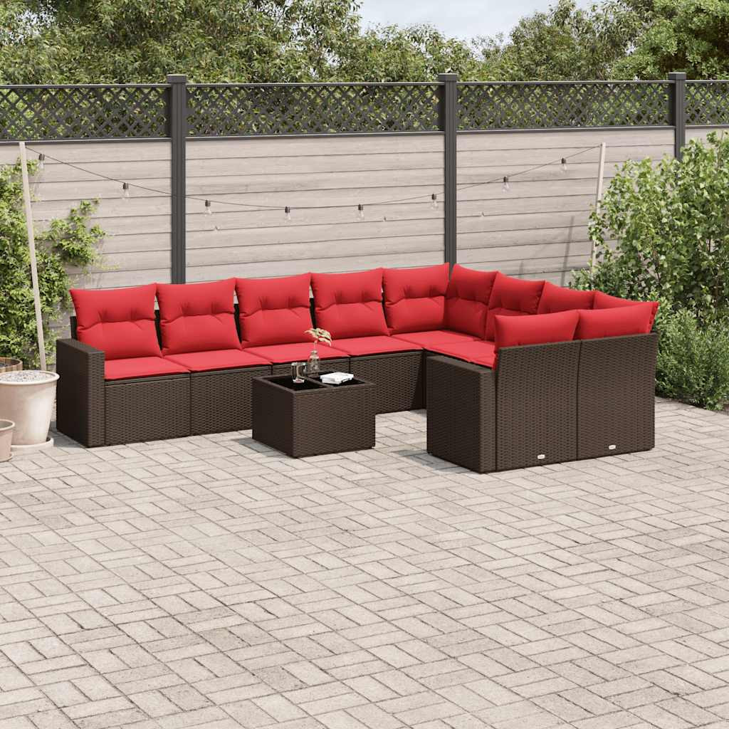 vidaXL 10-tlg. Garten-Sofagarnitur mit Kissen Braun Poly Rattan