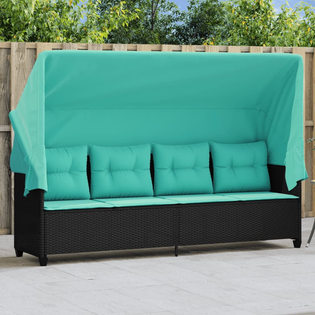 vidaXL Sonnenliege mit Dach und Kissen Schwarz Poly Rattan