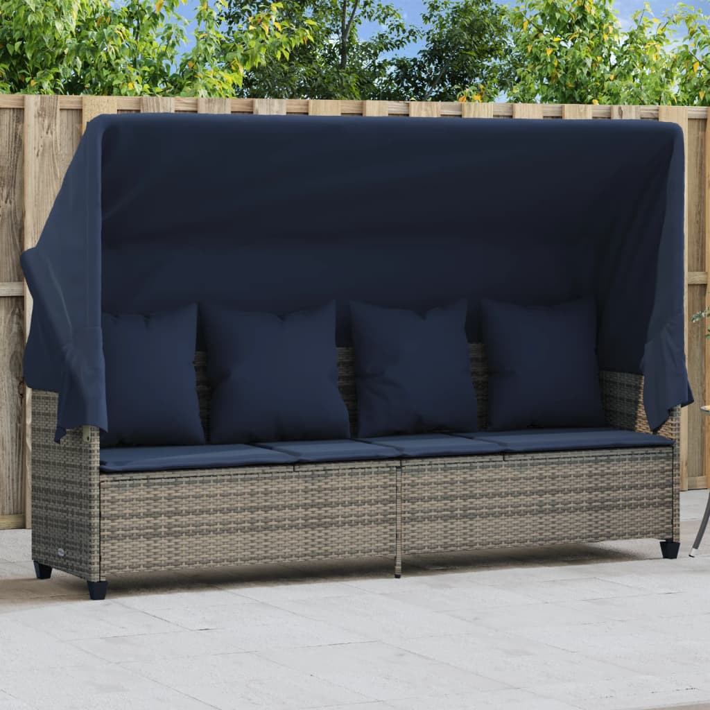 vidaXL Sonnenliege mit Dach und Kissen Grau Poly Rattan