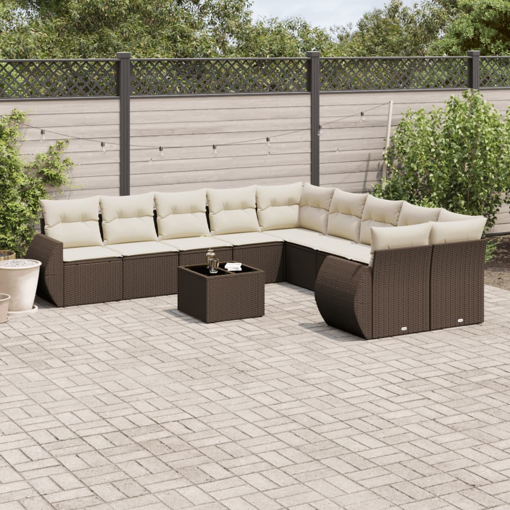 vidaXL 11-tlg. Garten-Sofagarnitur mit Kissen Braun Poly Rattan
