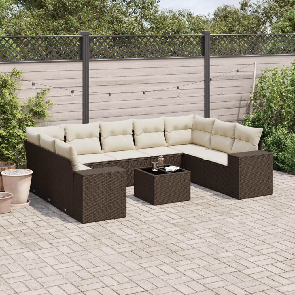 vidaXL 10-tlg. Garten-Sofagarnitur mit Kissen Braun Poly Rattan
