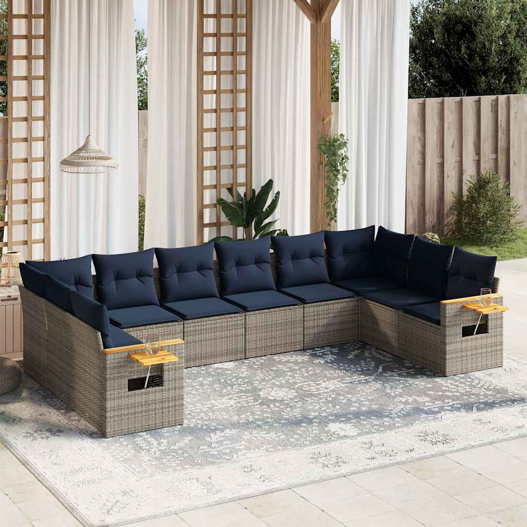 vidaXL 10-tlg. Garten-Sofagarnitur mit Kissen Grau Poly Rattan