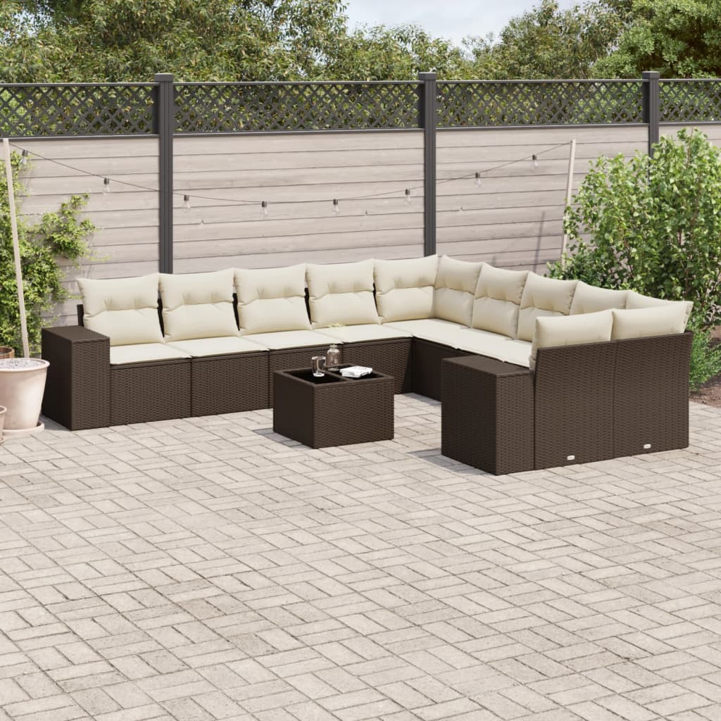 vidaXL 11-tlg. Garten-Sofagarnitur mit Kissen Braun Poly Rattan