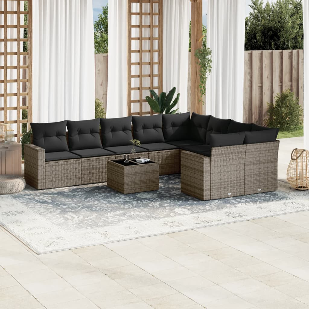 vidaXL 10-tlg. Garten-Sofagarnitur mit Kissen Grau Poly Rattan