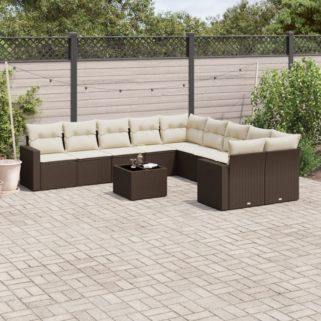 vidaXL 11-tlg. Garten-Sofagarnitur mit Kissen Braun Poly Rattan