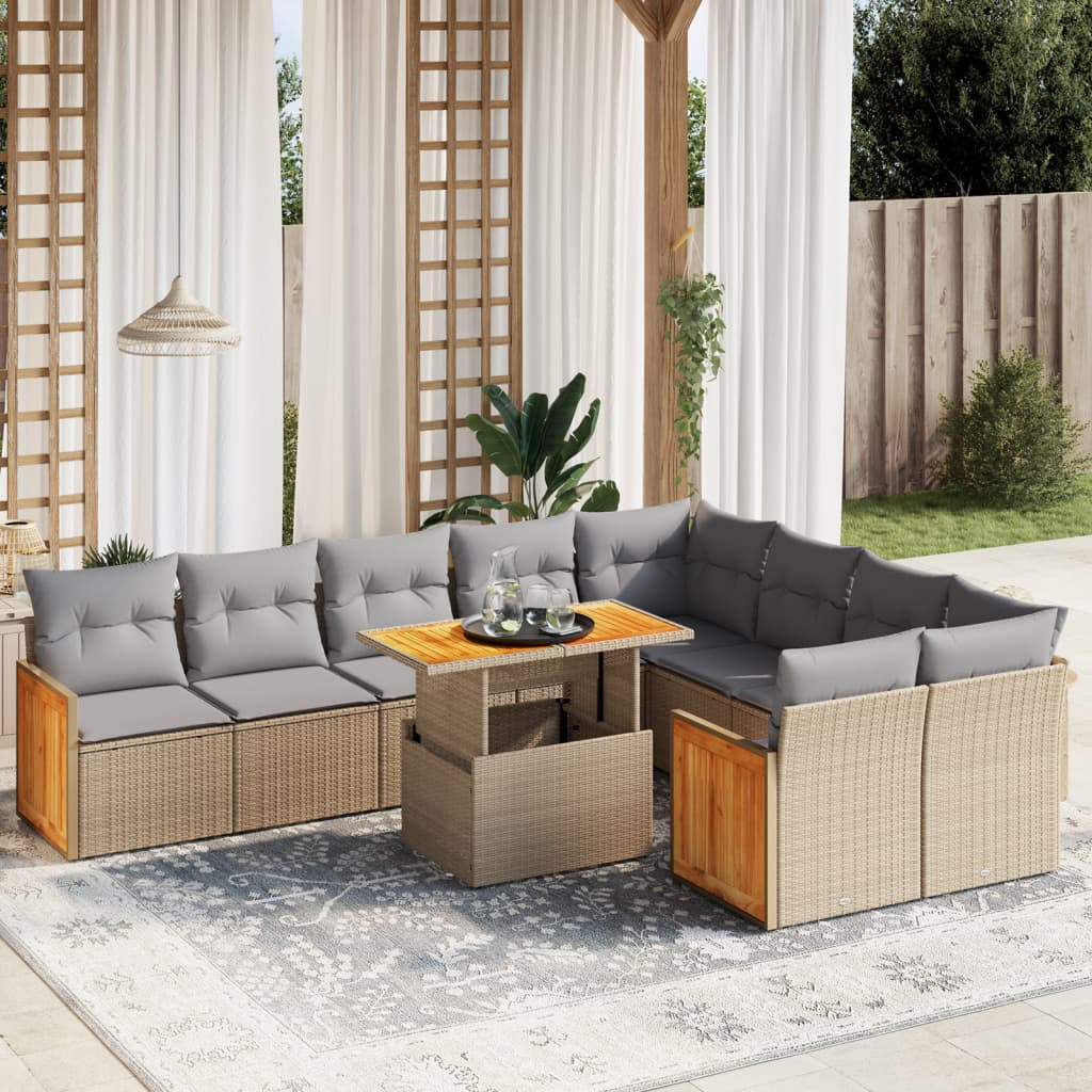 vidaXL 10-tlg. Garten-Sofagarnitur mit Kissen Beige Poly Rattan