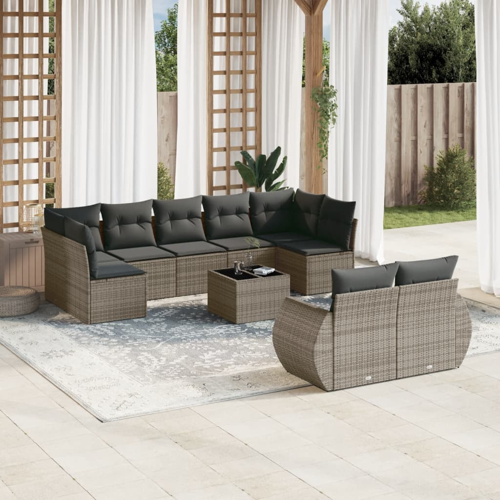 vidaXL 10-tlg. Garten-Sofagarnitur mit Kissen Grau Poly Rattan