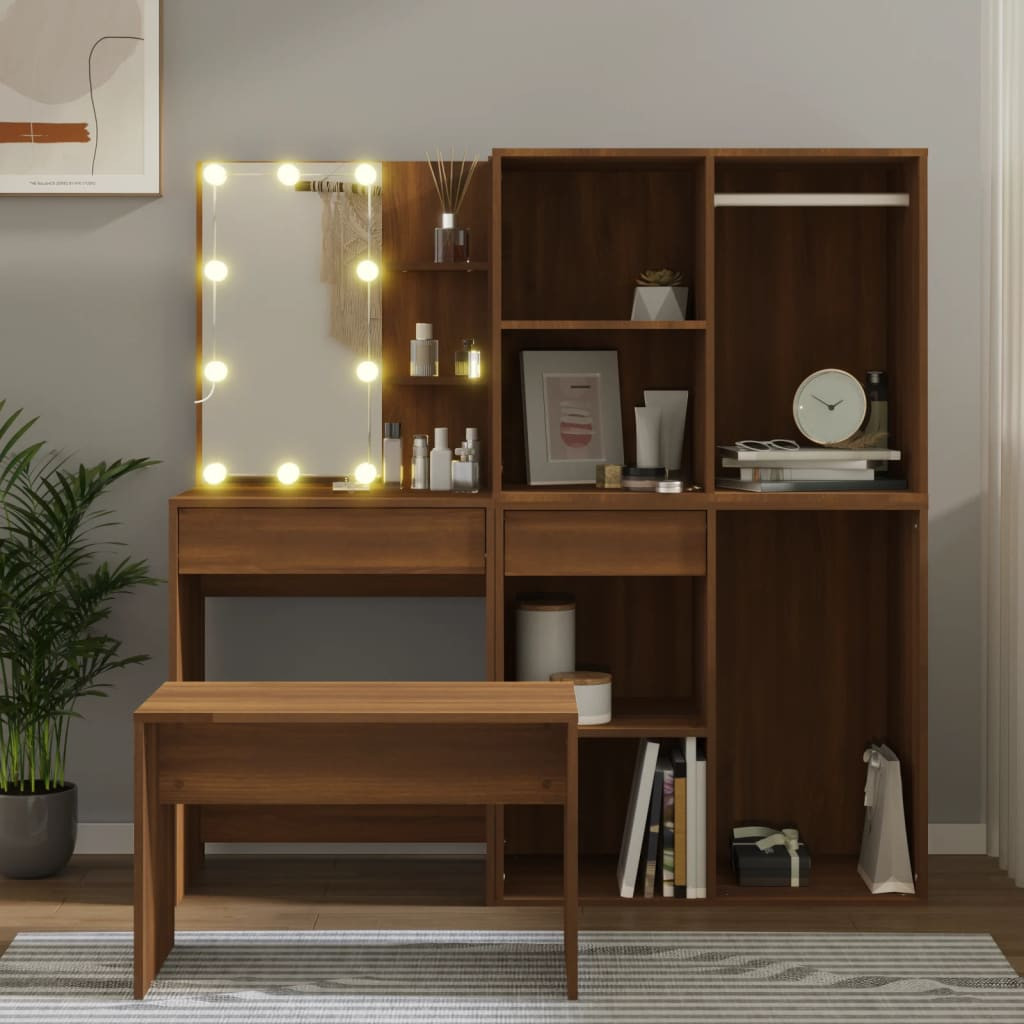 vidaXL Schminktisch-Set mit LED Braun Eichen-Optik Holzwerkstoff