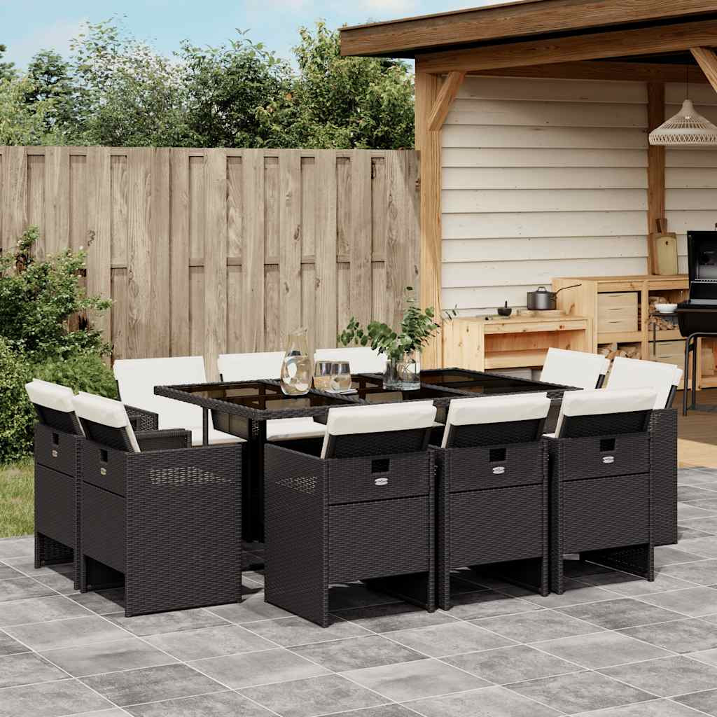 vidaXL 11-tlg. Garten-Essgruppe mit Kissen Schwarz Poly Rattan
