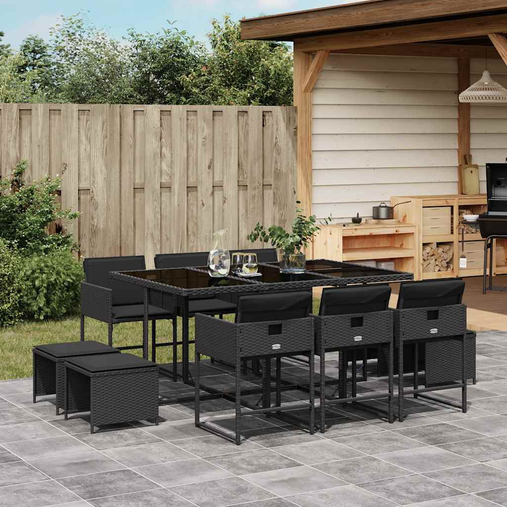 vidaXL 11-tlg. Garten-Essgruppe mit Kissen Schwarz Poly Rattan