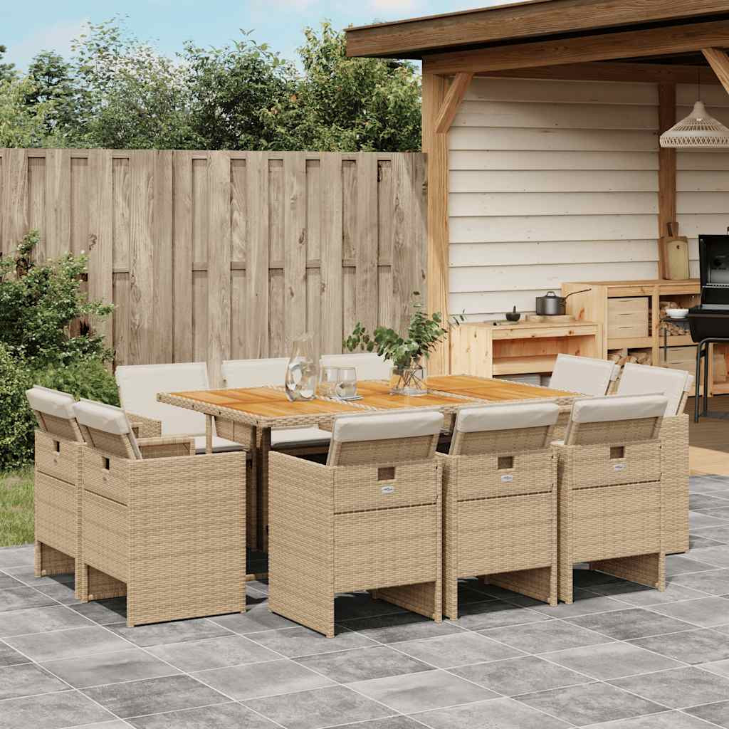 vidaXL 11-tlg. Garten-Essgruppe mit Kissen Beige Poly Rattan